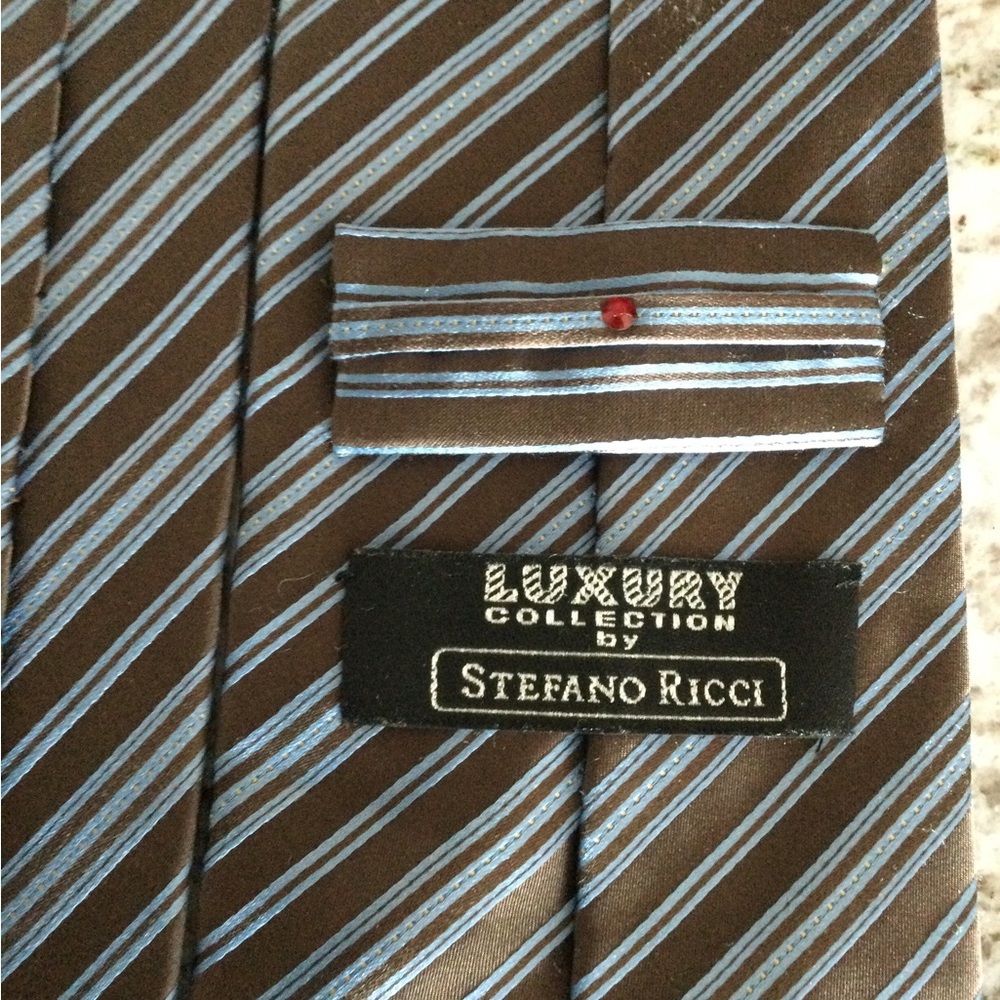Stefano Ricci Brown Tie with Light Blue Diagonal Stripes